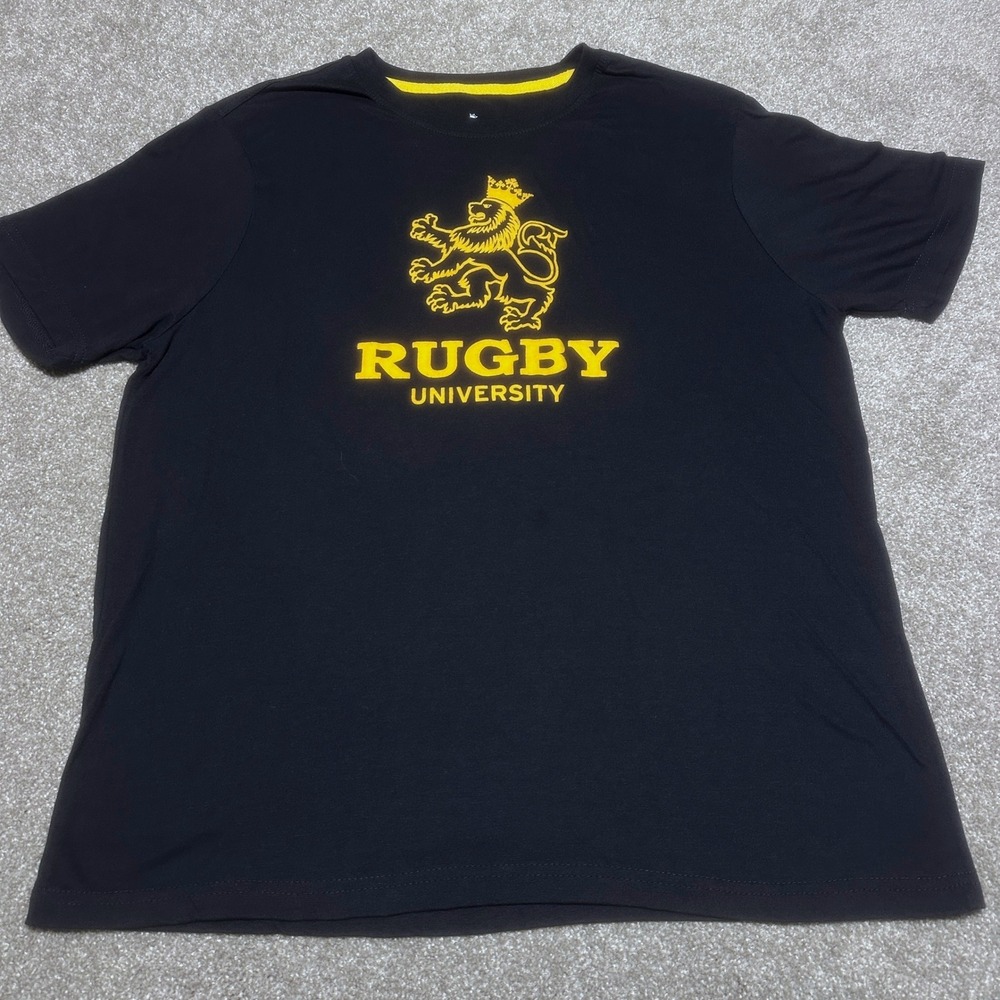 Mens XL Rugby University Lion Crest Graphic Tee Black Short Sleeve T-Shirt